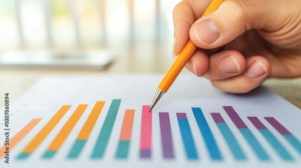 Close-up of a hand holding a pencil, pointing at a colorful bar chart, symbolizing data analysis and business insights. Close-up of a hand holding a pencil, pointing at a colorful bar chart, symbolizing data analysis and business insights.