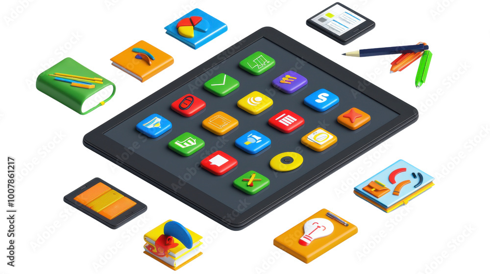 Set of business icons displayed on a tablet screen on white background Set of business icons displayed on a tablet screen on white background