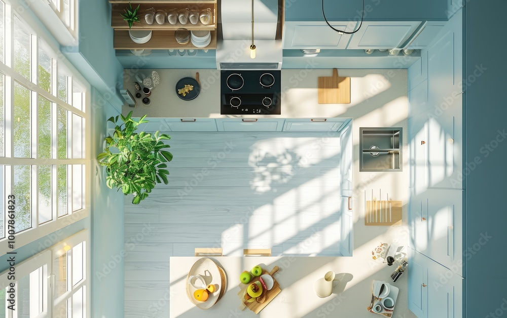 Top view angle of a minimalist kitchen with beige countertop cabinet near stove, sink, and houseplant on a white wooden floor