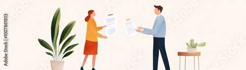 Two parties exchanging documents, reaching concessions, copy space, flat design illustration