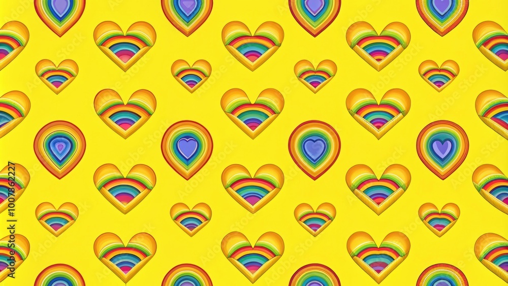 Yellow seamless pattern with rainbow hearts for Valentine's Day , love, romance, colorful, festive, cheerful, decoration Yellow seamless pattern with rainbow hearts for Valentine's Day , love, romance, colorful, festive, cheerful, decoration