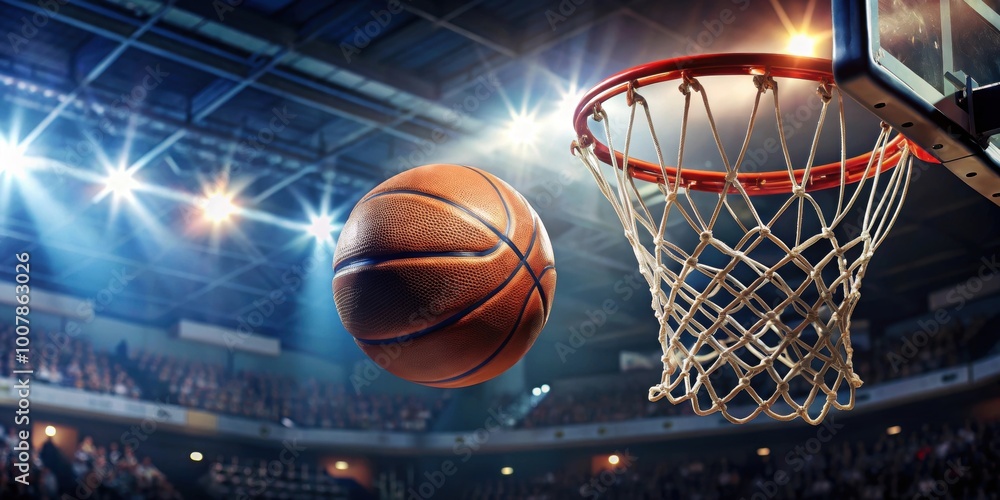 Close-up of basketball entering basket in a basketball game, Basketball, basket, hoop, sports, game, competition Close-up of basketball entering basket in a basketball game, Basketball, basket, hoop, sports, game, competition