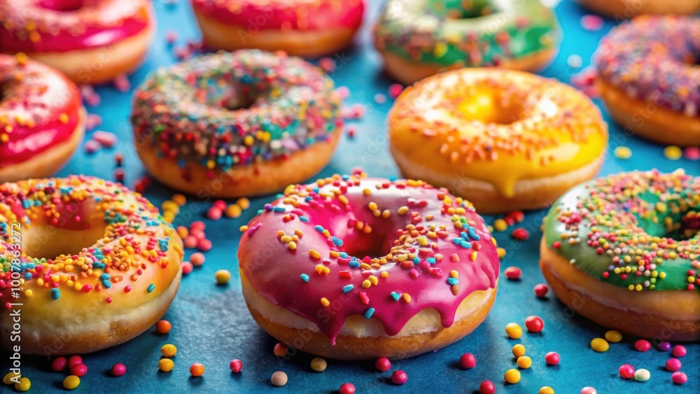 Delicious donuts topped with colorful sprinkles on a vibrant background, donuts, tasty, dessert, sweet, colorful, sprinkles Delicious donuts topped with colorful sprinkles on a vibrant background, donuts, tasty, dessert, sweet, colorful, sprinkles