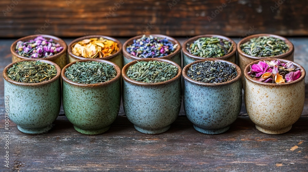 A selection of green tea in a ceramic cup, natural A selection of green tea in a ceramic cup, natural