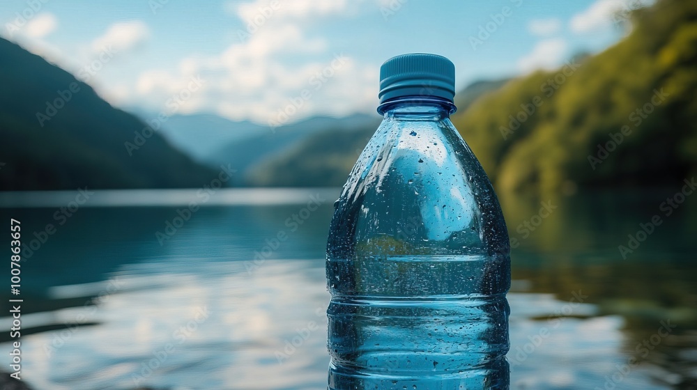 A light blue water bottle top of blue lake and sky A light blue water bottle top of blue lake and sky