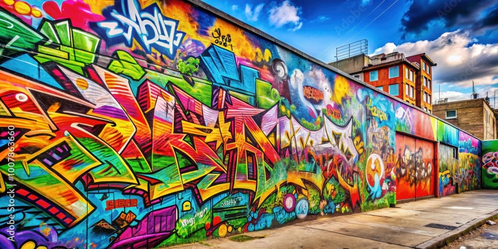 Fototapeta premium Colorful graffiti wall with vibrant street art , urban, spray paint, artistic, wall mural, creativity