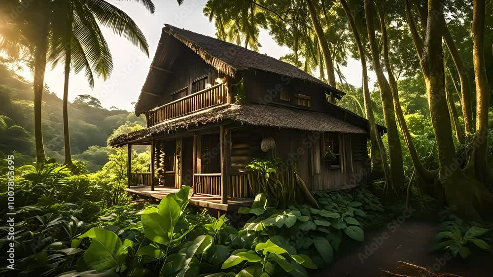 Rustic wooden cabin nestled in a lush jungle surrounded by towering trees Rustic wooden cabin nestled in a lush jungle surrounded by towering trees