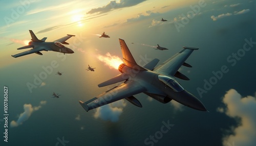 Aerial dogfight between fighter jets, with missiles launching mid-air, contrails swirling, and explosions in the skies over a vast ocean. photo