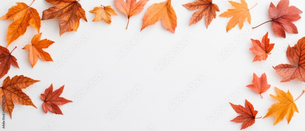 Autumn leaves in vibrant shades of orange and red scattered around the edges of a white background, creating a simple, seasonal frame. Autumn leaves in vibrant shades of orange and red scattered around the edges of a white background, creating a simple, seasonal frame.
