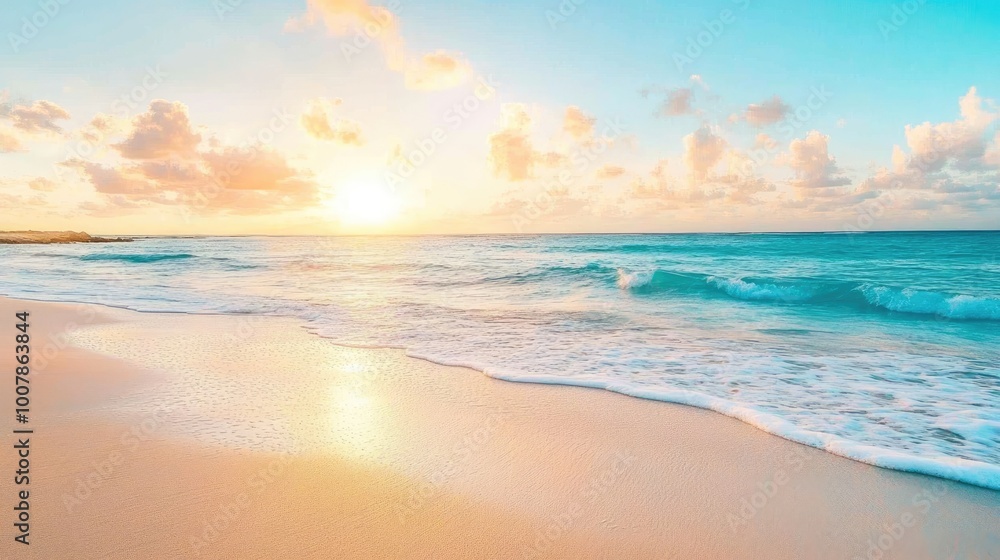 Serene Sandy Beach at Sunrise with Calm Sea Serene Sandy Beach at Sunrise with Calm Sea