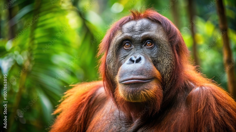Orang Utan in natural habitat in Borneo rainforest, primate, endangered, wildlife, conservation, ape, jungle Orang Utan in natural habitat in Borneo rainforest, primate, endangered, wildlife, conservation, ape, jungle