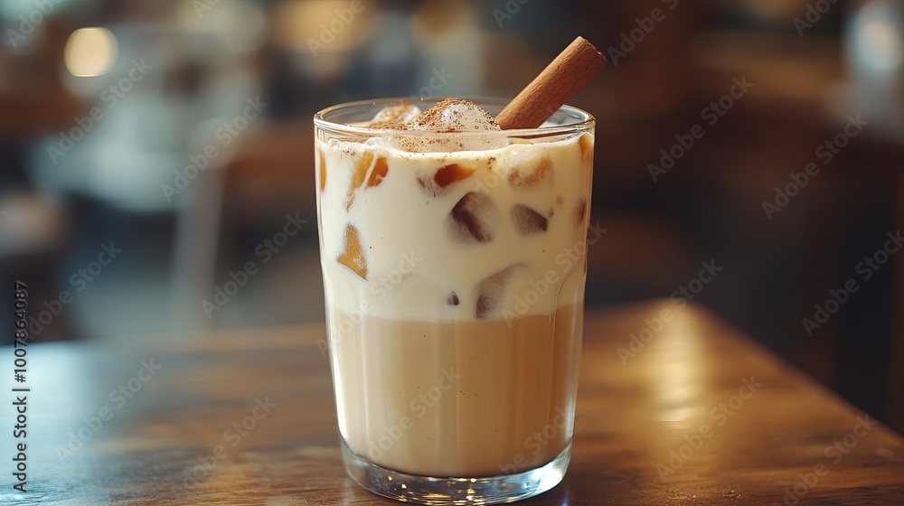 A glass of iced chai latte with a cinnamon stick A glass of iced chai latte with a cinnamon stick