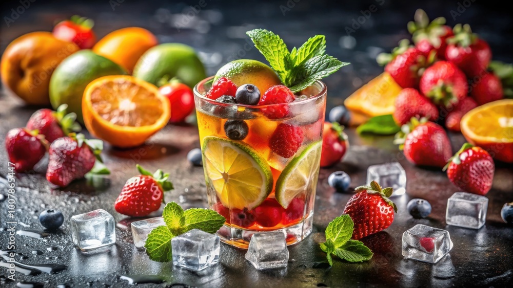 Vibrant fruit cocktail with ice in glass surrounded by fresh ingredients, refreshing, colorful, tropical, summer, beverage Vibrant fruit cocktail with ice in glass surrounded by fresh ingredients, refreshing, colorful, tropical, summer, beverage