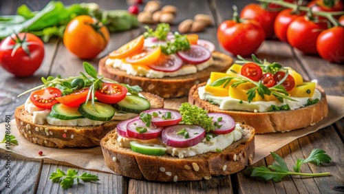 Delicious open faced sandwiches topped with fresh ingredients for a brunch spread , brunch, sandwiches, open faced, delicious