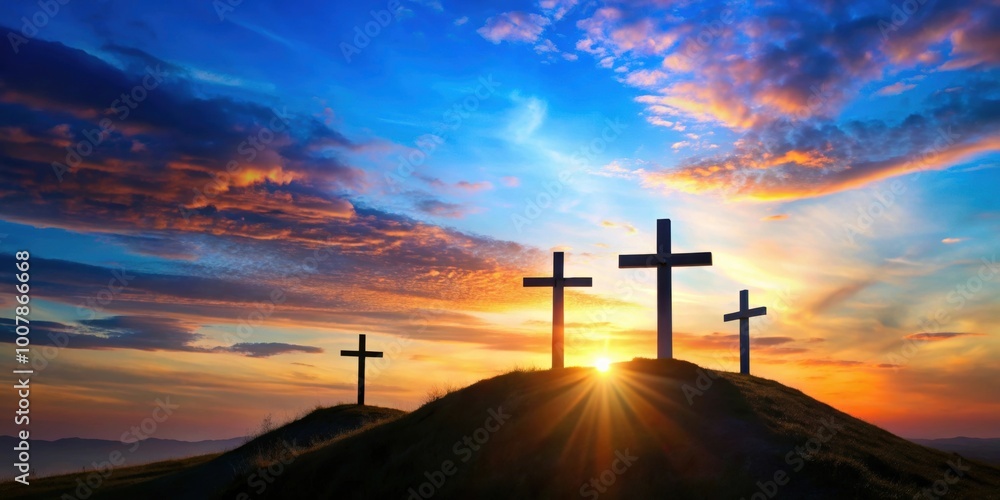 Three crosses on a hill at sunset with a blue sky background, crucifixes, religious, Christianity, hill, sunset, dusk, sky Three crosses on a hill at sunset with a blue sky background, crucifixes, religious, Christianity, hill, sunset, dusk, sky