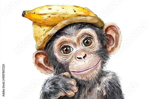 A cheerful monkey wearing a banana hat, showcasing a playful personality in a vibrant illustration.
