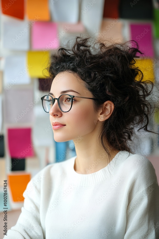 Young creative director looking at a mood board, choosing colors and styles for an upcoming project Young creative director looking at a mood board, choosing colors and styles for an upcoming project
