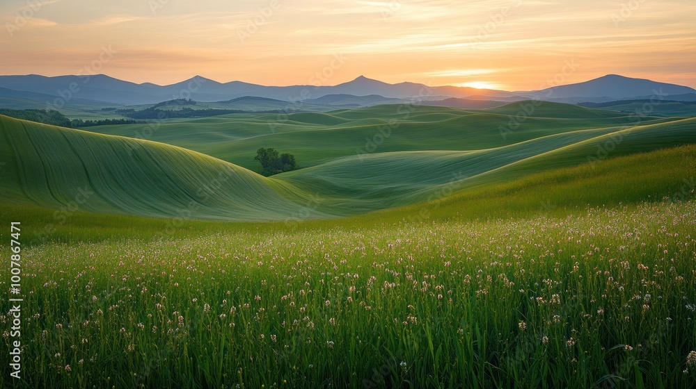 Serene sunset over rolling green hills, capturing nature's beauty and tranquility. Serene sunset over rolling green hills, capturing nature's beauty and tranquility.