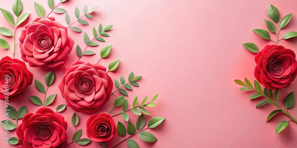 Paper cut red rose flowers and green leaves on pastel pink background, papercut, red roses, flowers, green leaves Paper cut red rose flowers and green leaves on pastel pink background, papercut, red roses, flowers, green leaves