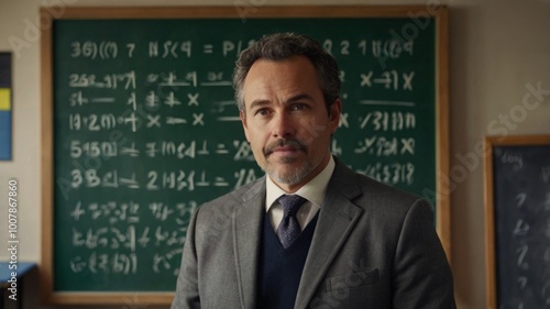 Middle-Aged Teacher in Gray Suit, Teaching Math with Blackboard in Focus