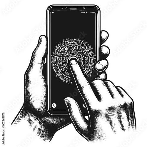 Human holding smartphone in a detailed illustration. Vector, generative ai.