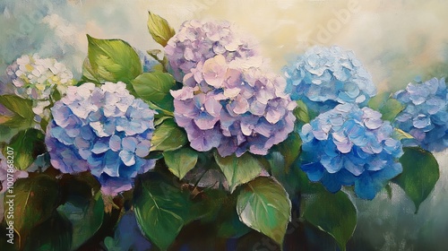 Wallpaper Mural A vibrant painting of hydrangeas showcasing beautiful shades of blue and purple. Perfect for floral decor and art lovers. Torontodigital.ca