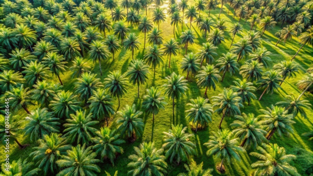 Φωτογραφία Aerial view of lush palm grove with green trees and shadows, palm grove, forest,