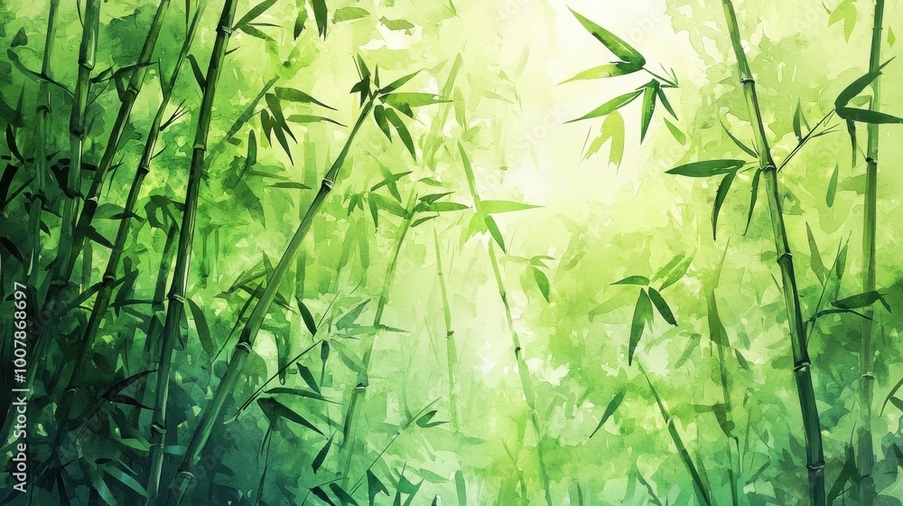 Obraz premium A serene bamboo forest with vibrant green hues and soft light, perfect for relaxation and nature-themed projects.