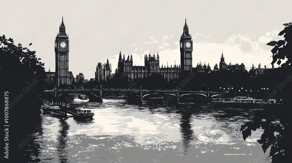 Vector Sketch Hand Drawing Panoramic London Silhouette 8K Vector Sketch Hand Drawing Panoramic London Silhouette 8K