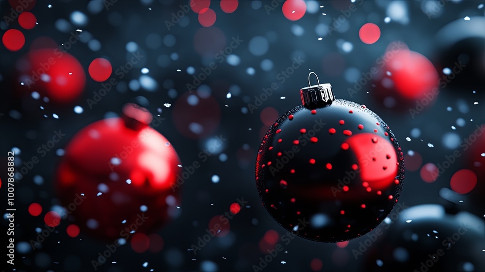 Festive red and black Christmas ornaments with snowflakes Festive red and black Christmas ornaments with snowflakes