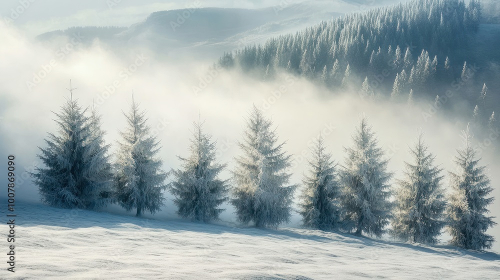 A serene winter landscape with frosted trees and misty mountains in the background. A serene winter landscape with frosted trees and misty mountains in the background.