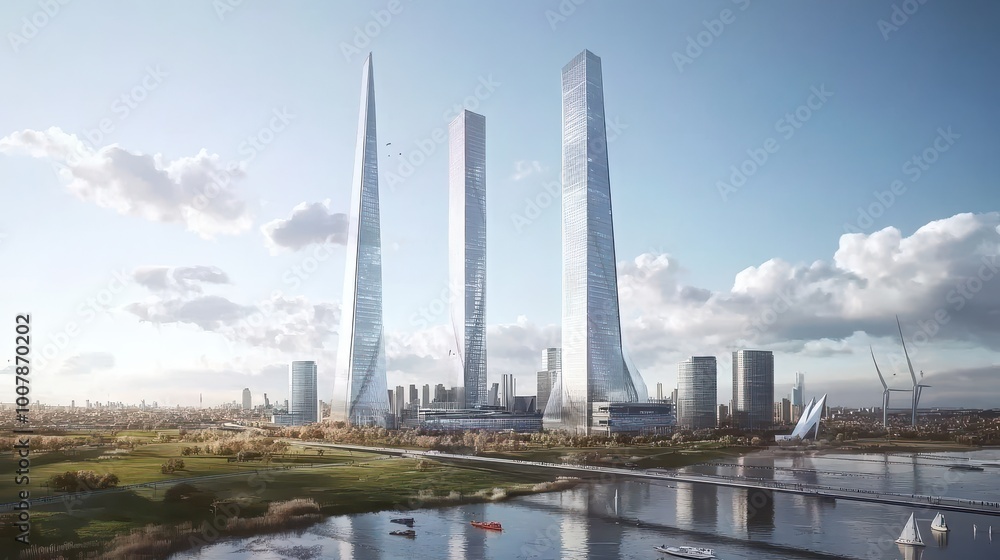 A futuristic skyline featuring three towering spires with sleek designs, reflecting in the water, surrounded by greenery and a vibrant cityscape. A futuristic skyline featuring three towering spires with sleek designs, reflecting in the water, surrounded by greenery and a vibrant cityscape.