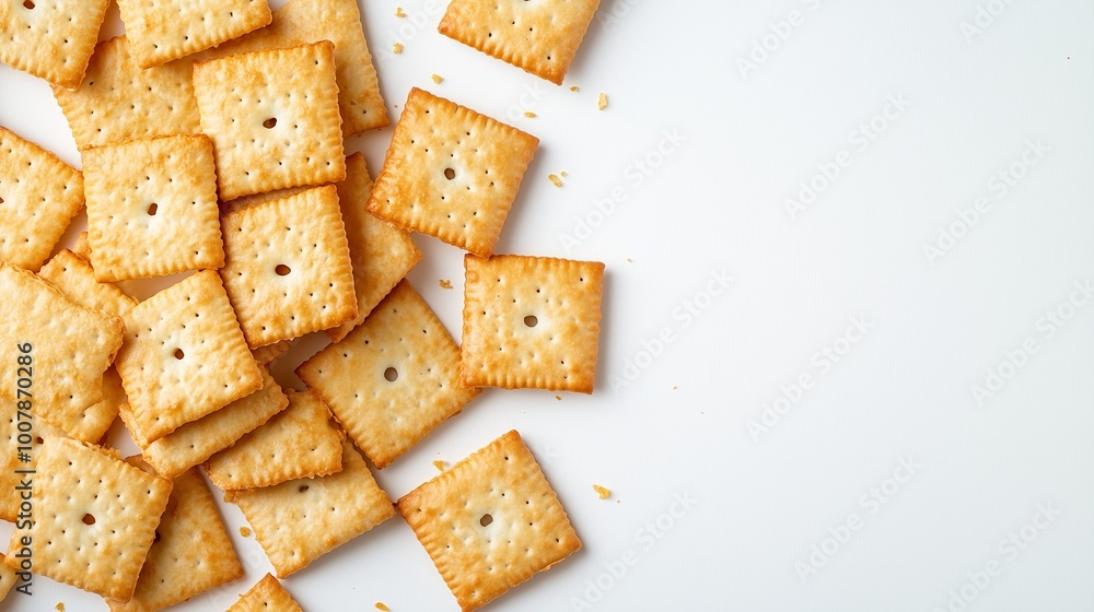 Crunchy snack crackers scattered across a clean white surface, inviting a casual snacking experience for any time of day Crunchy snack crackers scattered across a clean white surface, inviting a casual snacking experience for any time of day