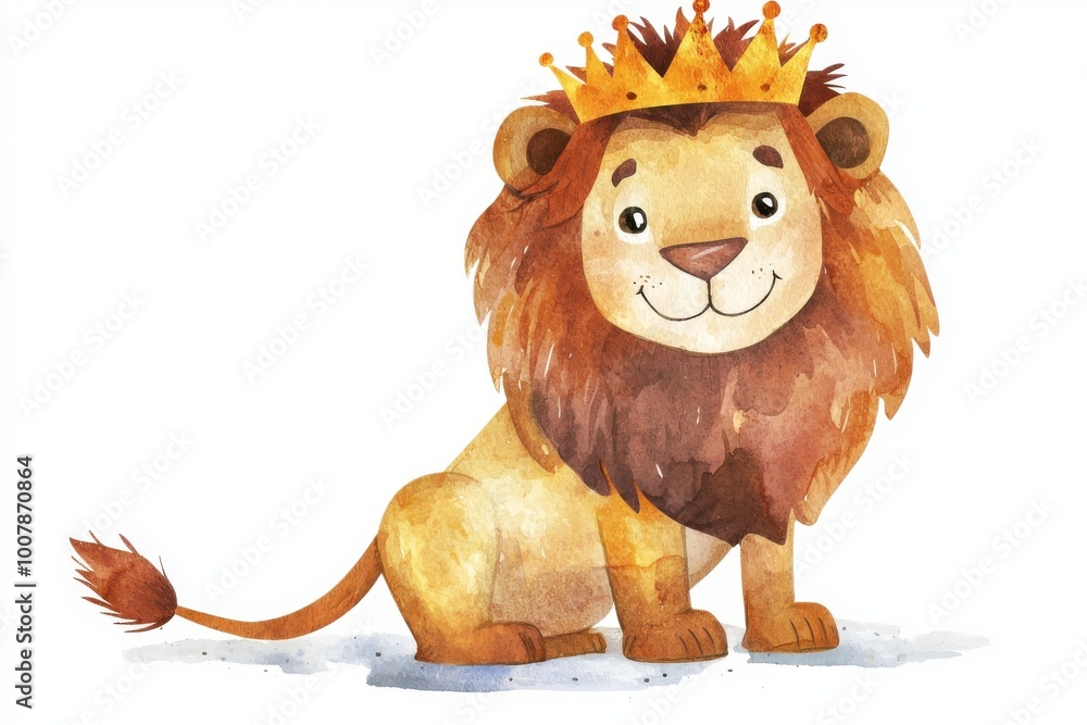 Obraz premium Cute cartoon lion illustration wearing a crown, ideal for children's themes, storybooks, or animal-related designs.