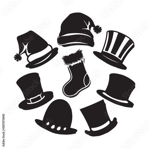 Silhouette of santa claus hat, Christmas santa claus hat vector set