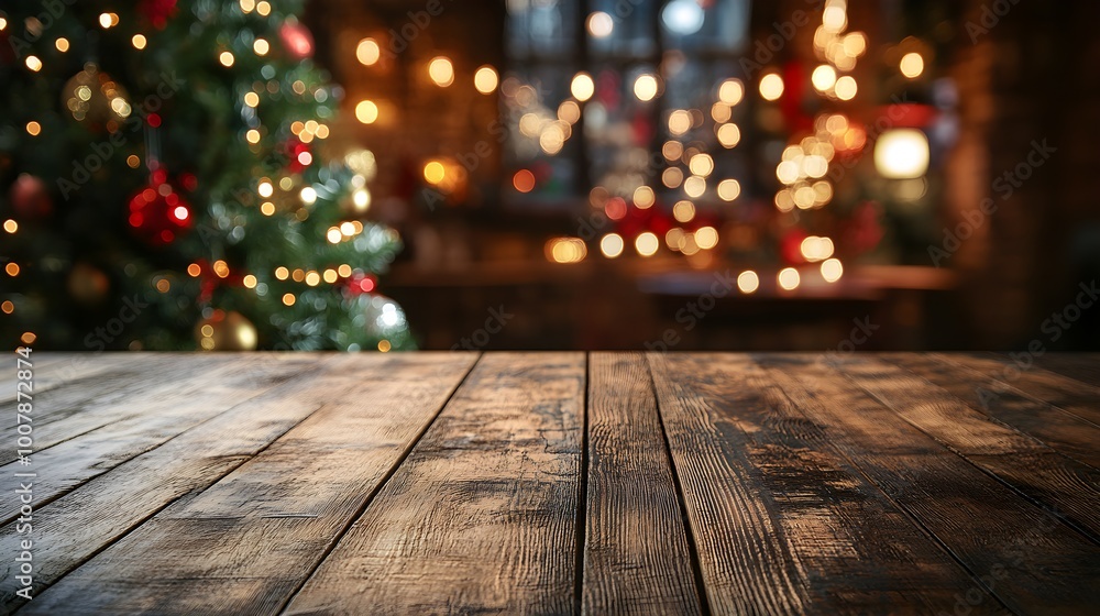 Empty wooden table with christmas theme in background Empty wooden table with christmas theme in background