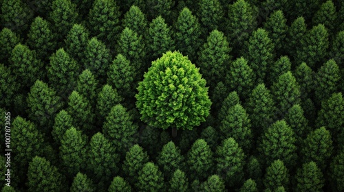 A single, uniquely shaped tree growing tall in a forest of identical trees, symbolizing strength in individuality photo