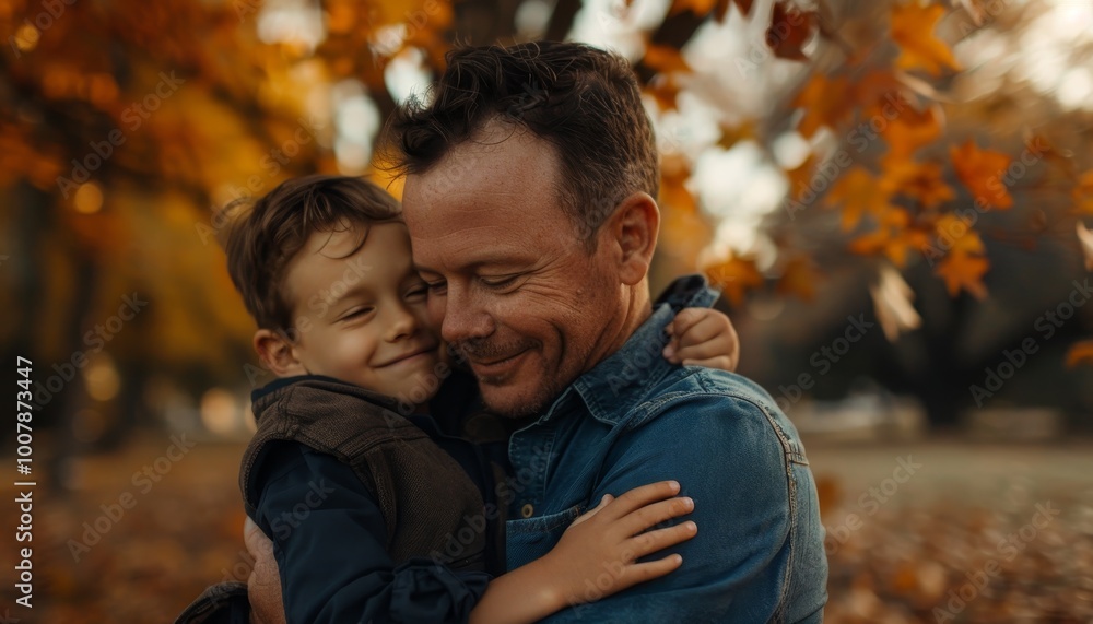 Loving Father and Son Embrace in Autumn Park Loving Father and Son Embrace in Autumn Park