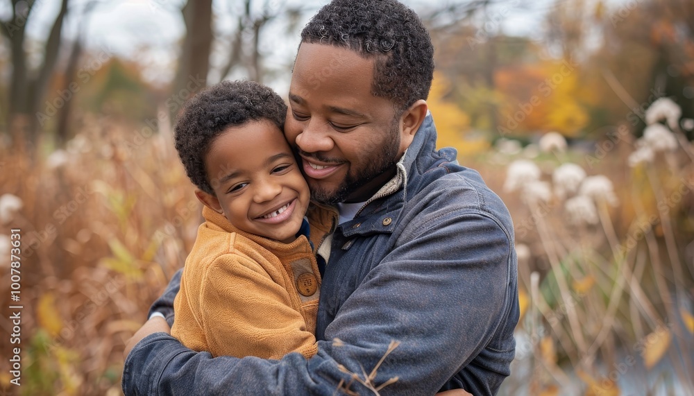 Happy father and son hugging in autumn park Happy father and son hugging in autumn park