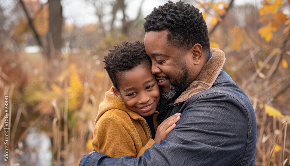 Loving Father and Son Embrace in Autumn Forest Loving Father and Son Embrace in Autumn Forest