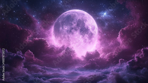 A captivating cosmic scene featuring a luminous purple moon glowing amidst vibrant clouds and twinkling stars in the night sky.