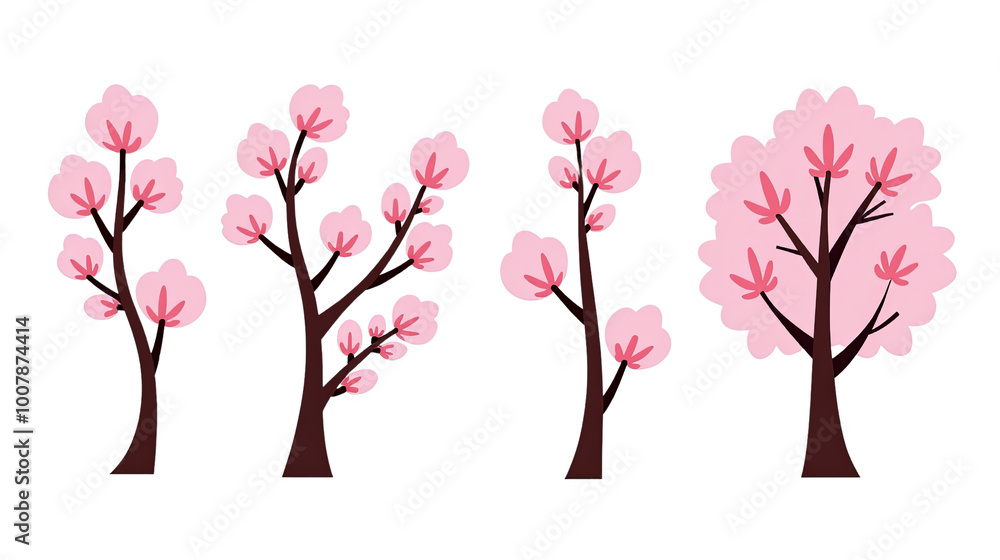 Fototapeta premium Cherry Blossom Tree Collection Colorful Floral Icons Springtime Design Vibrant Pink Petals Cartoon Style isolated