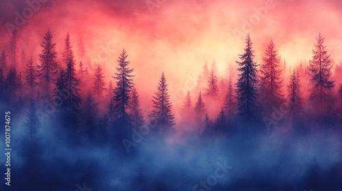 A mesmerizing forest landscape at dusk, featuring tall trees shrouded in colorful mist and magical atmospheric hues.