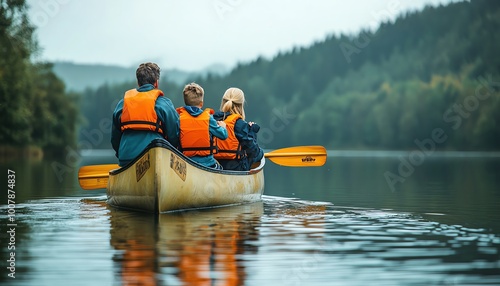 Family on a boating or canoe trip on a calm lake, kids wearing life jackets and parents guiding the boat