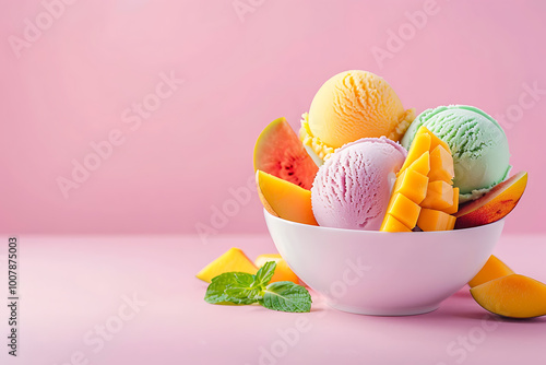 Three scoops of colorful ice cream in a decorative bowl on a pastel background. Lose-up of a bowl of mango and strawberry ice cream with fresh mango slices and mint leaves.

