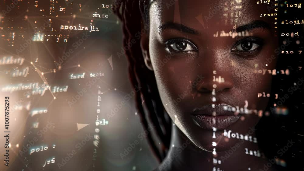 Black woman cyber security expert. With AI code illusminated overlay ...