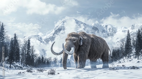 A majestic woolly mammoth standing in a snowy landscape with mountains in the background.