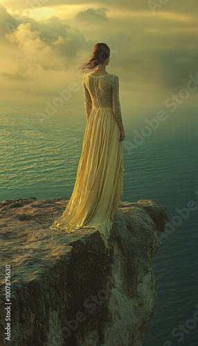 Shoot the model standing at the edge of a cliff or large body of water, looking out toward the horizon, symbolizing new beginnings