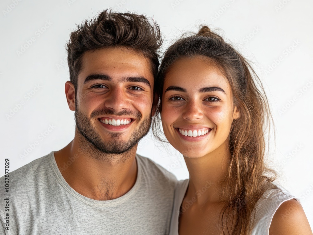 Smiling young couple standing close together, showing healthy white teeth and looking directly at the camera Isolated on white background Smiling young couple standing close together, showing healthy white teeth and looking directly at the camera Isolated on white background