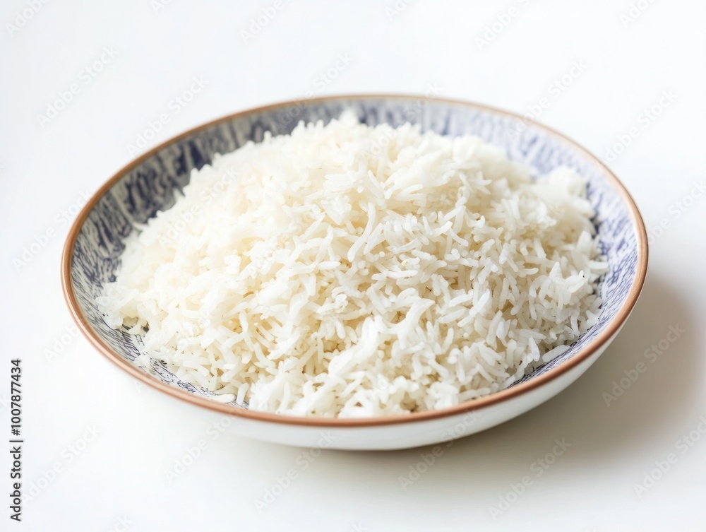 Plate of plain jasmine rice served hot and ready to accompany a meal Isolated on white background Plate of plain jasmine rice served hot and ready to accompany a meal Isolated on white background